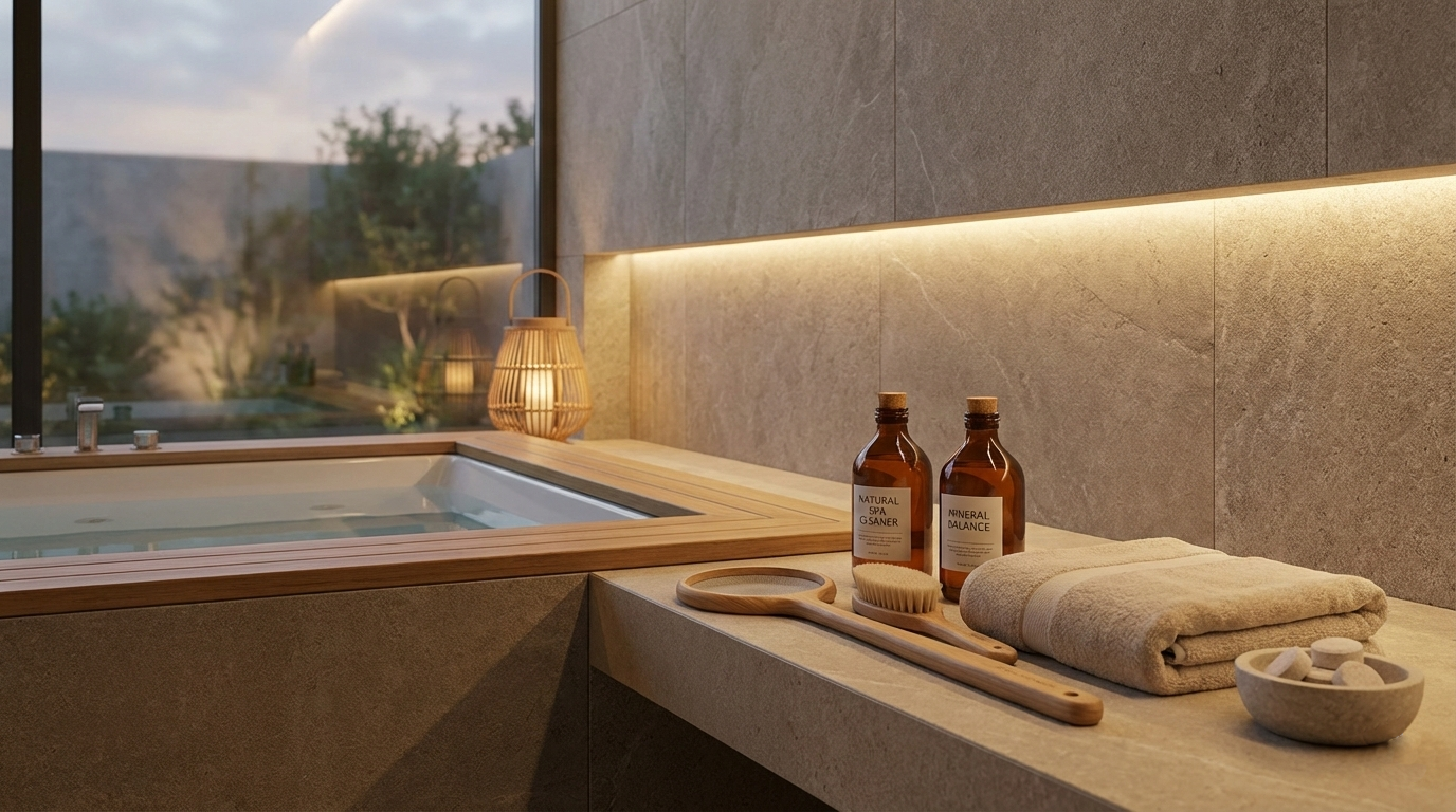 Wanna SPA z hydromasażem w luksusowej łazience z kamiennym wykończeniem i drewnianymi akcentami, nowoczesny design i domowa strefa wellness