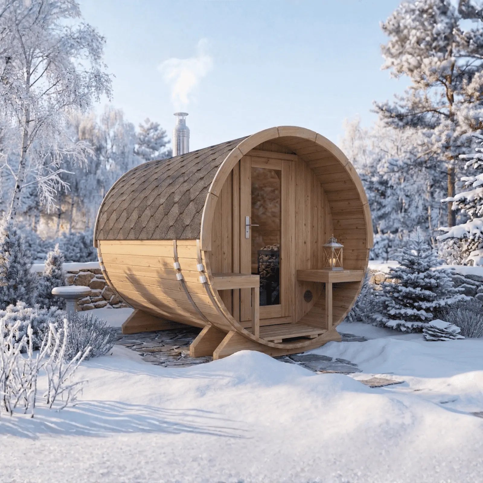 Sauna ogrodowa beczka Orbi 270 cm 4 osobowa z tarasem