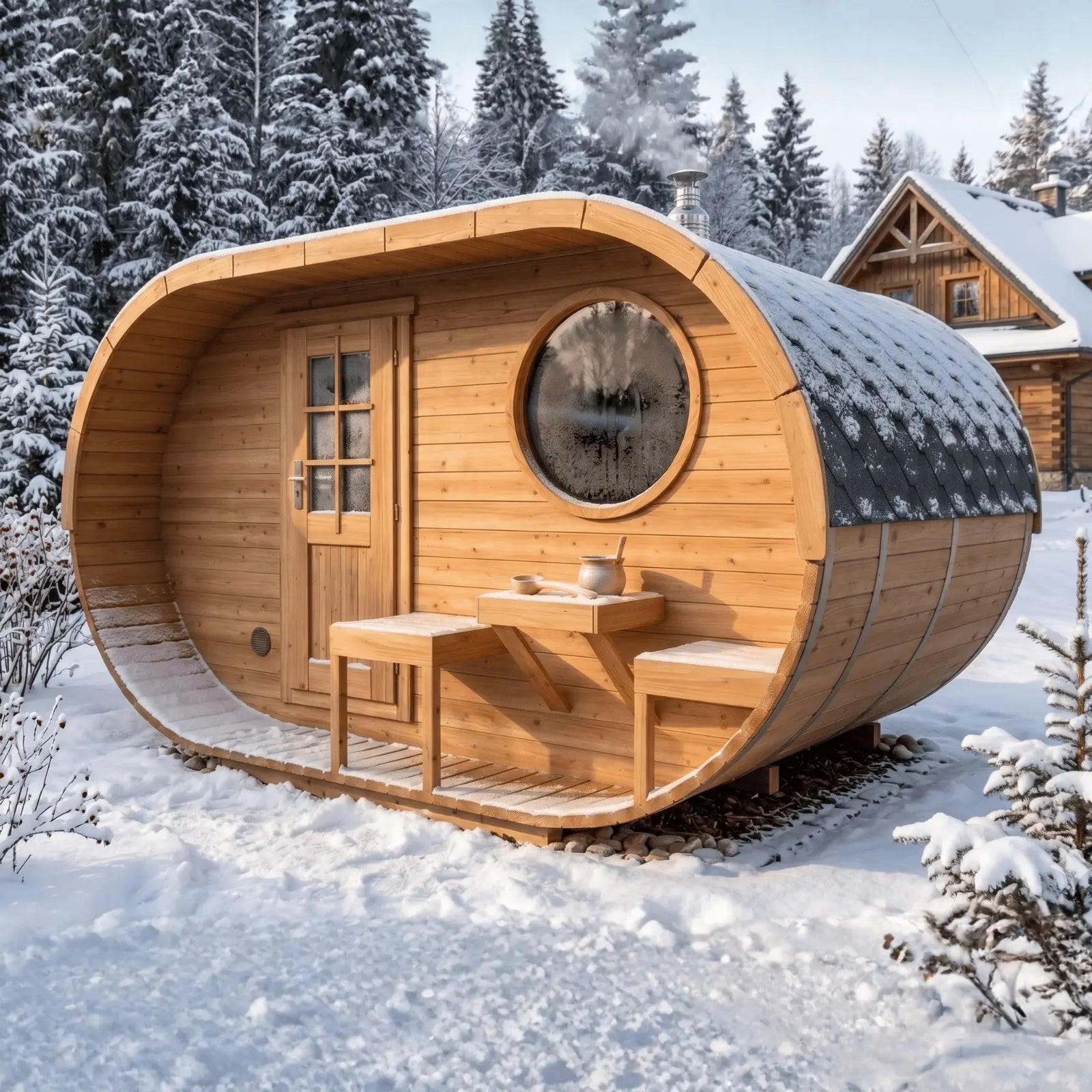owalna sauna ogrodowa 2,4x4m z tarasem drewniana sauna do ogrodu w górach