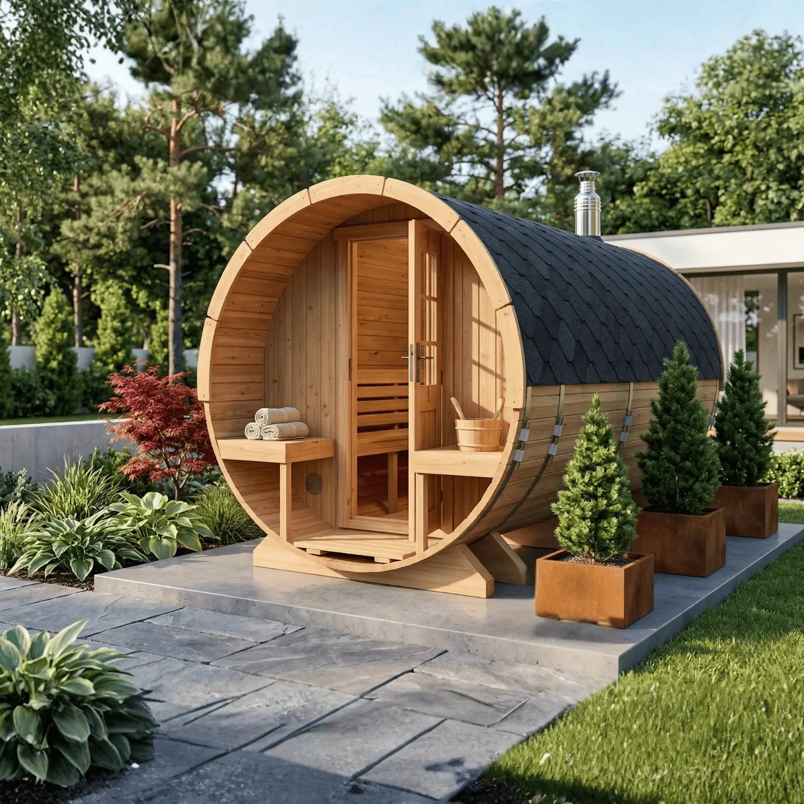 Sauna ogrodowa beczka Orbi 4,0 m z tarasem 6 osobowa