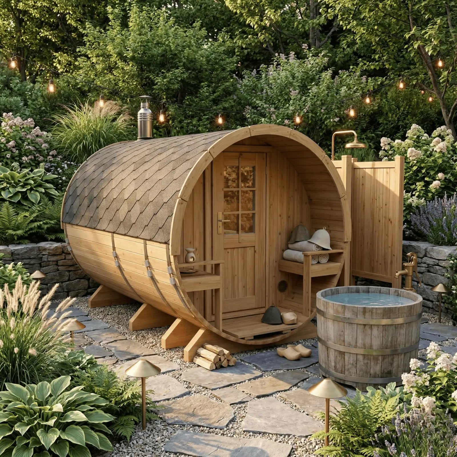 Sauna ogrodowa beczka premium Orbi 3,3 m 4-6 osobowa z tarasem