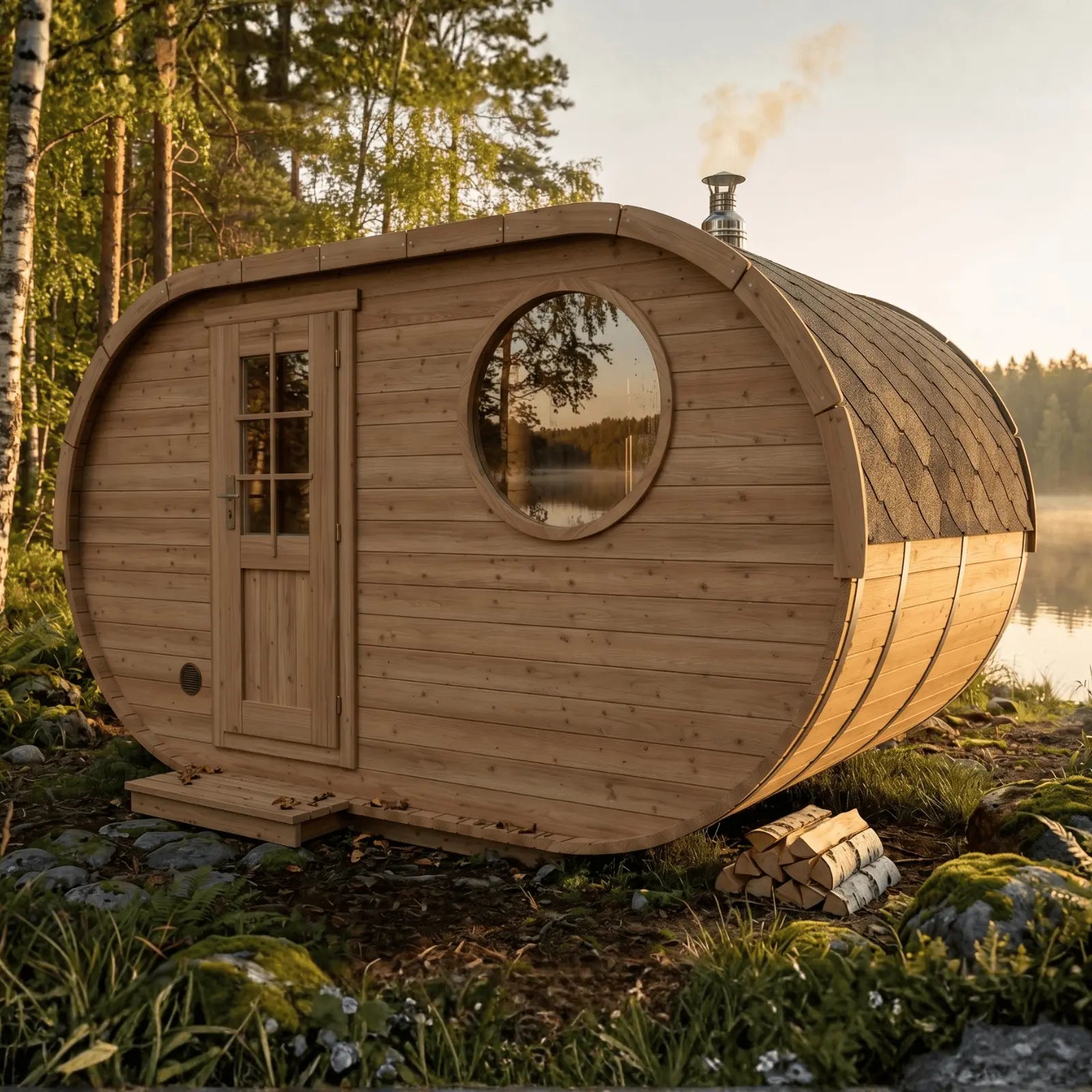 Sauna owalna do ogrodu z drzwiami przeszklonymi i czarnym dachem bitumicznym, ustawiona przy jeziorze