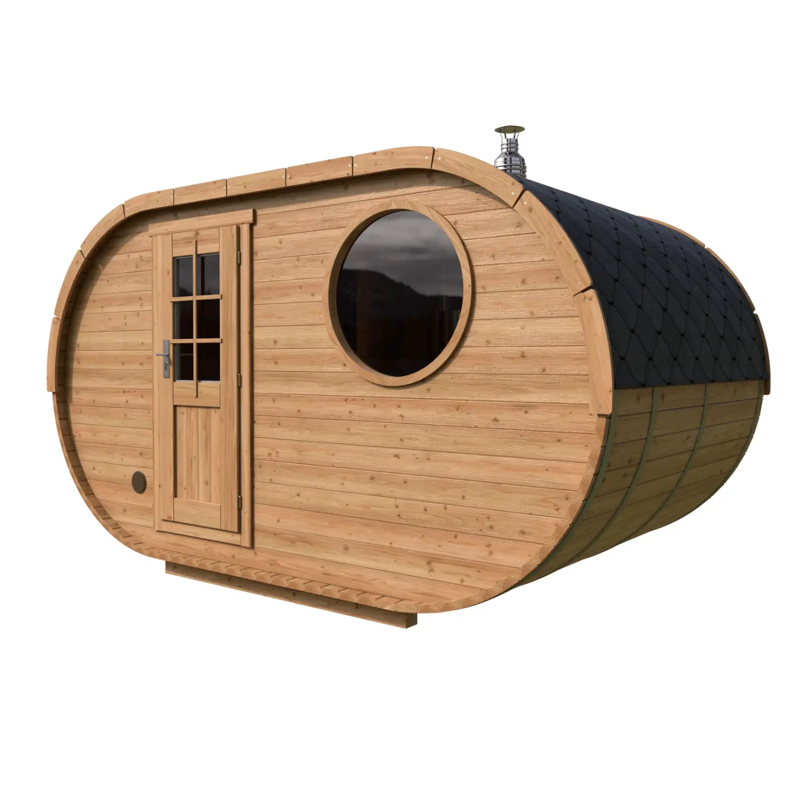 Sauna ogrodowa owalna 2,4 × 4 m z drewna, z drzwiami przeszklonymi i okrągłym oknem, na białym tle