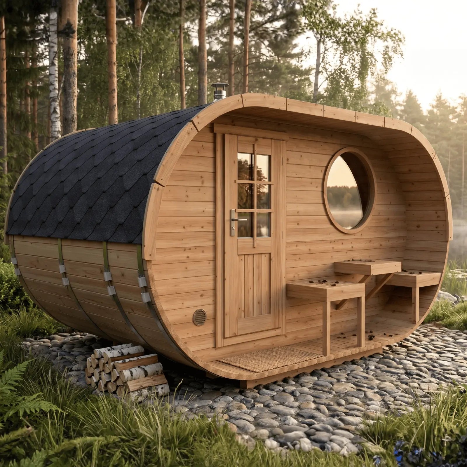 owalna sauna ogrodowa 2,4x4m z tarasem drewniana sauna zewnętrzna w leśnym ogrodzie