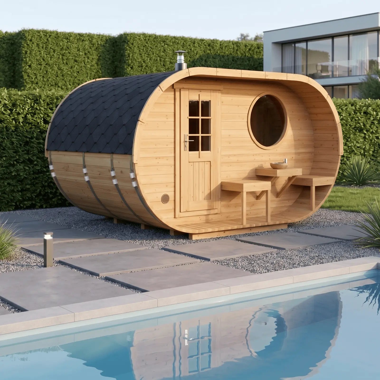 owalna sauna ogrodowa 2,4x4m z tarasem przy basenie drewniana sauna zewnętrzna
