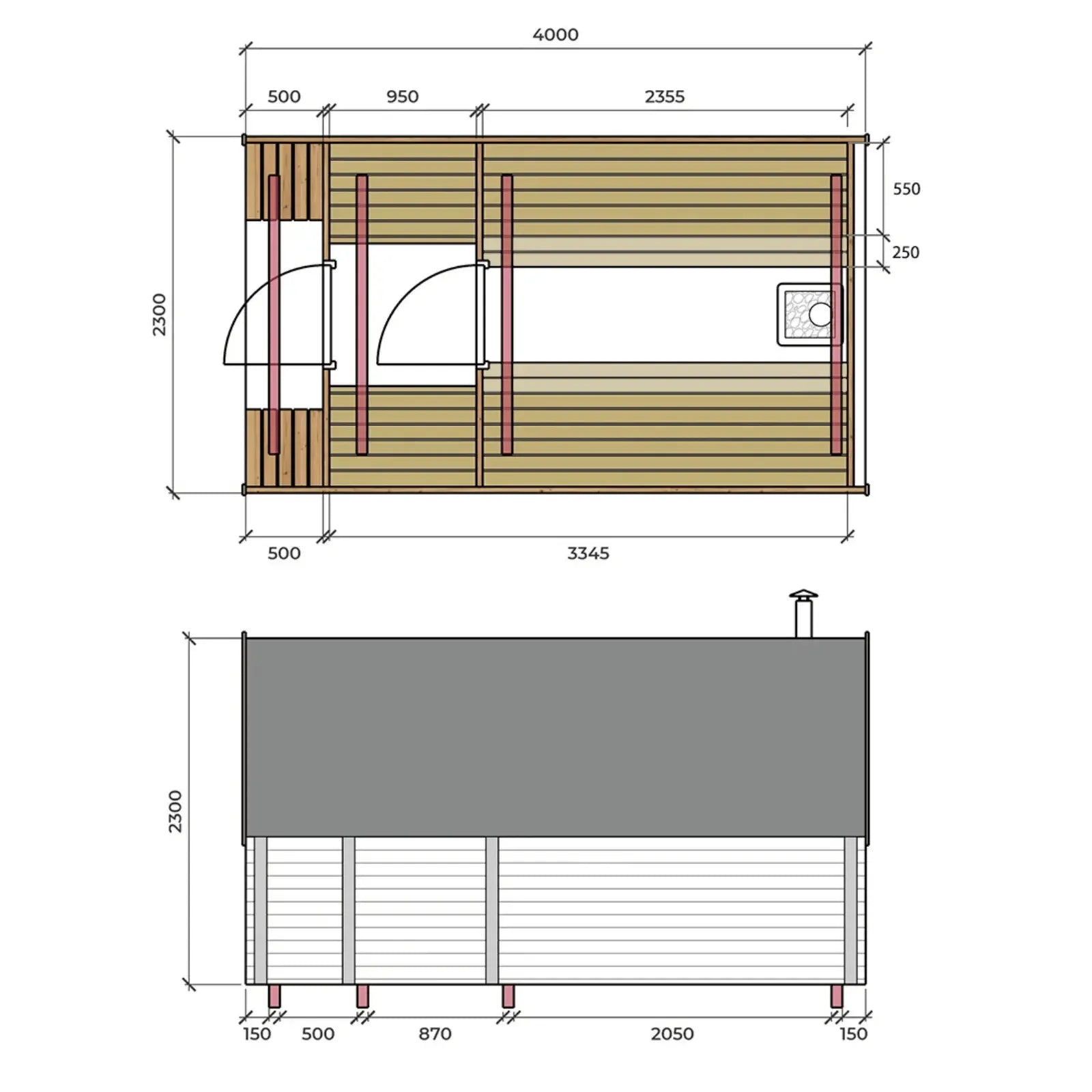 Rzut techniczny sauny ogrodowej 400x230 cm z układem pomieszczeń, drzwiami, piecem i wymiarami konstrukcji drewnianej.