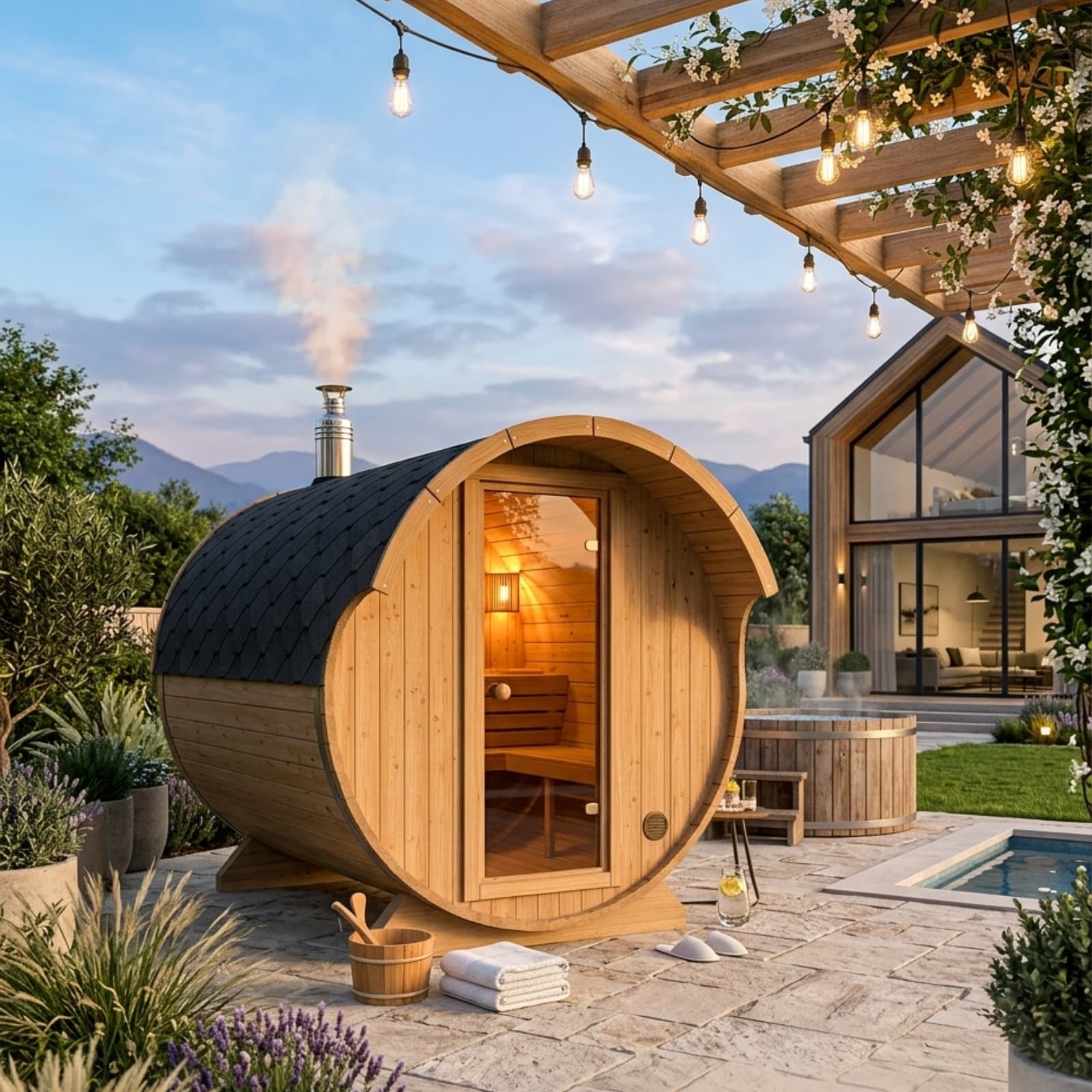 sauna beczka ogrodowa z drewna z podświetlonym wnętrzem przy tarasie i jacuzzi