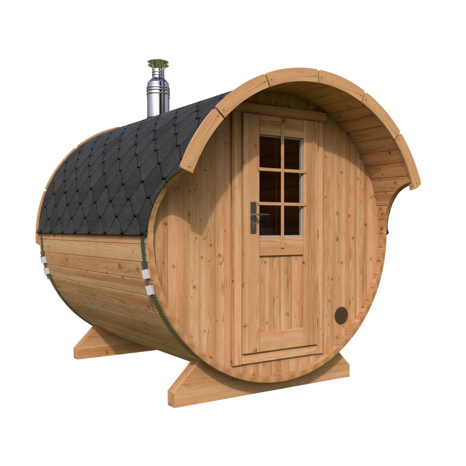 sauna ogrodowa typu beczka z naturalnego drewna z dachem gontowym