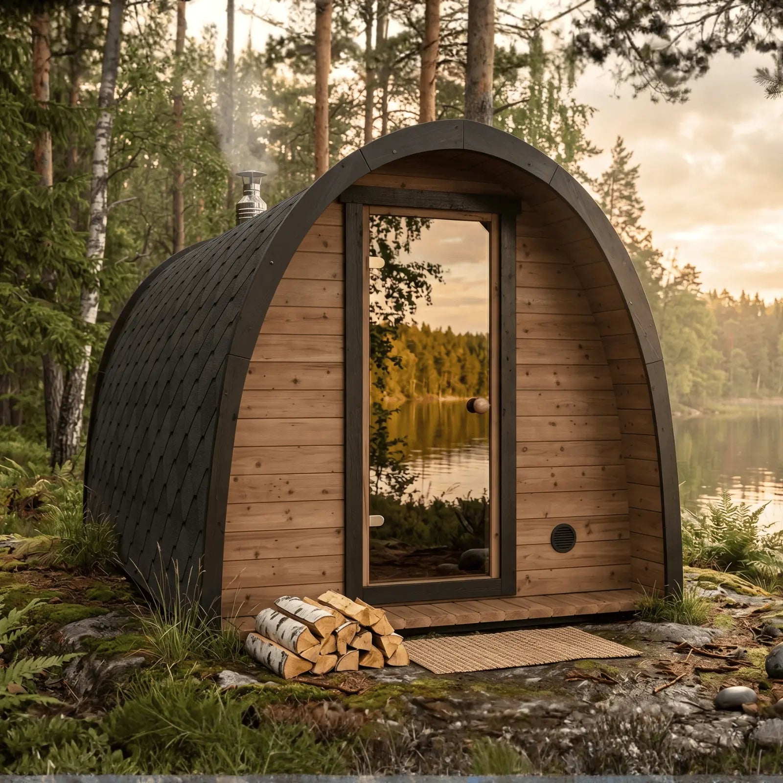 sauna ogrodowa igloo nad jeziorem z przeszklonymi drzwiami i piecem opalanym drewnem w leśnym otoczeniu
