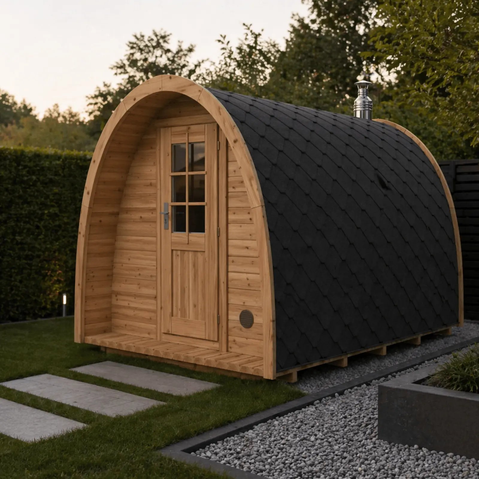 nowoczesna sauna ogrodowa igloo z drewna w minimalistycznym ogrodzie dach z czarnego gontu przydomowa strefa relaksu spa