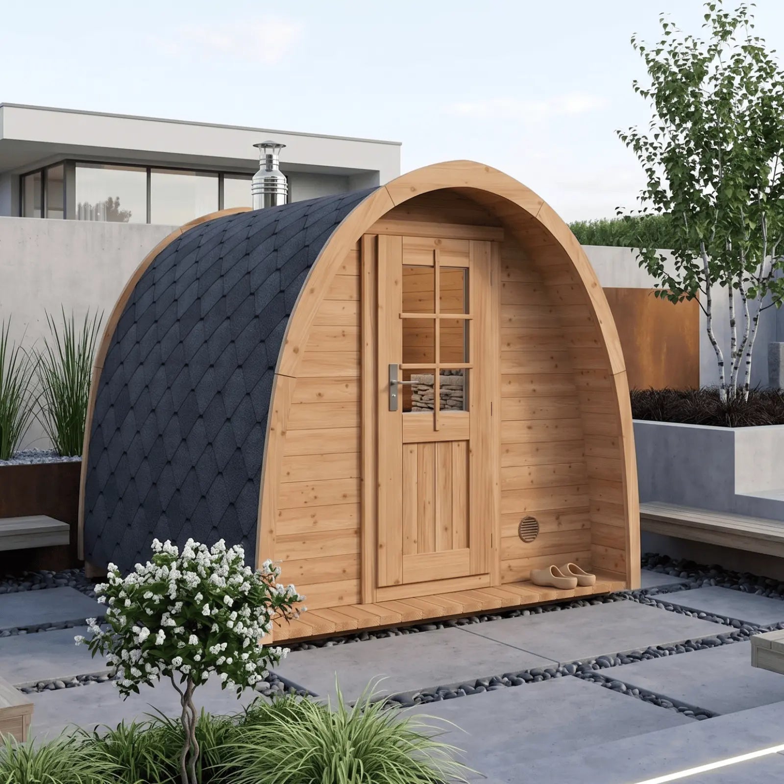 sauna ogrodowa igloo w nowoczesnym ogrodzie przy domu z drewnianymi drzwiami i czarnym dachem