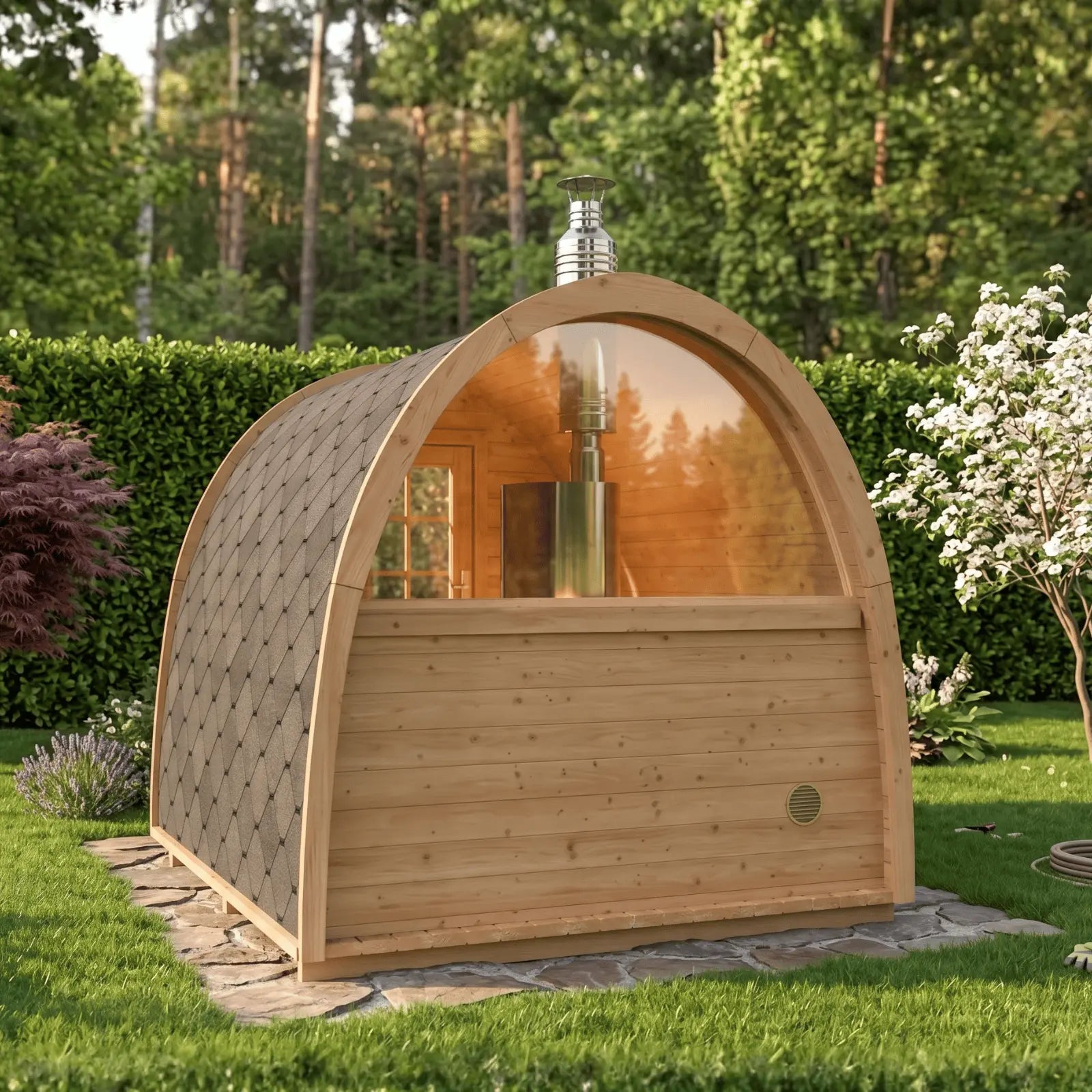 sauna ogrodowa igloo z przeszklonym frontem w prywatnym ogrodzie na trawniku strefa spa