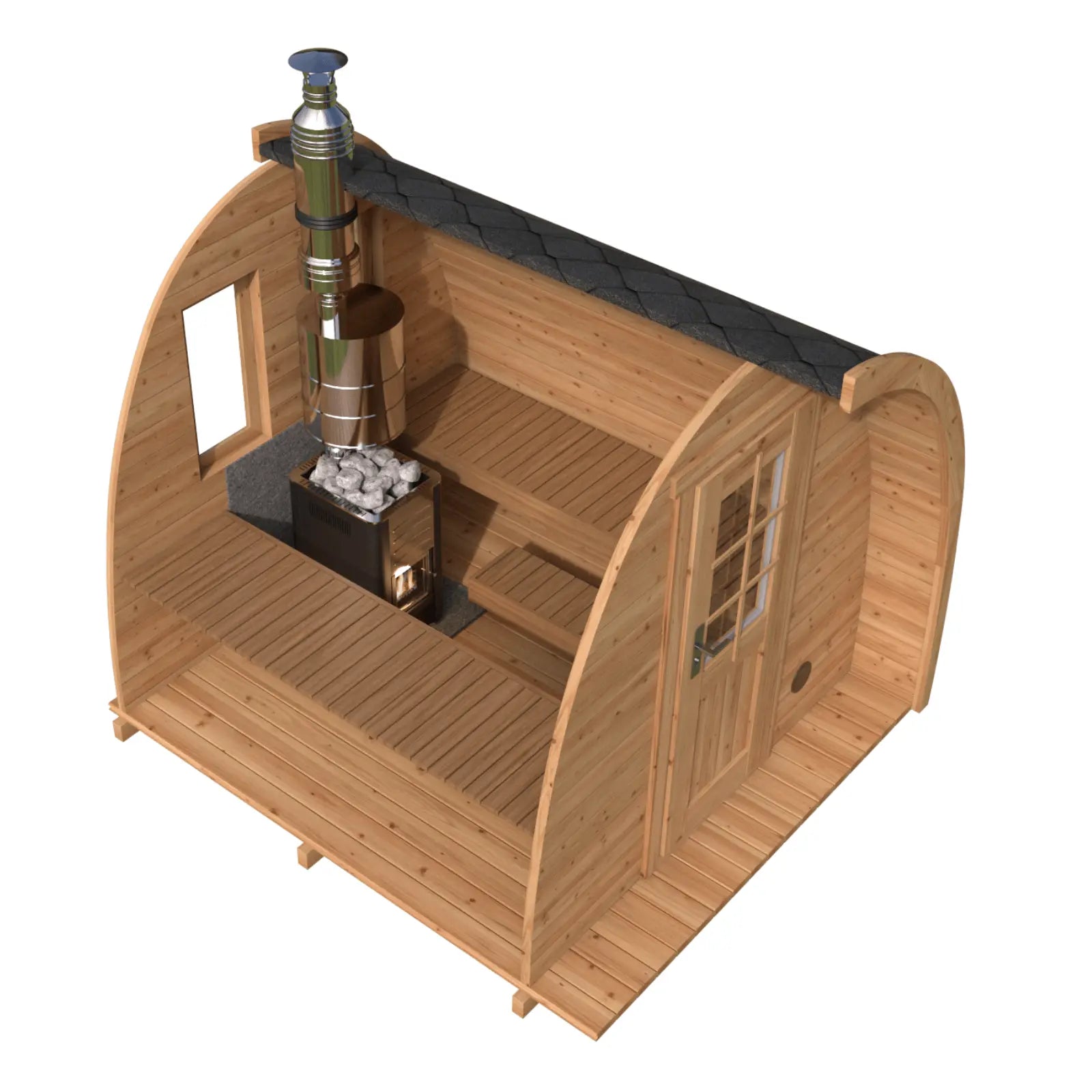 sauna ogrodowa igloo przekrój wnętrza piec opalany drewnem ławki drewniane układ sauny kompaktowa sauna zewnętrzna