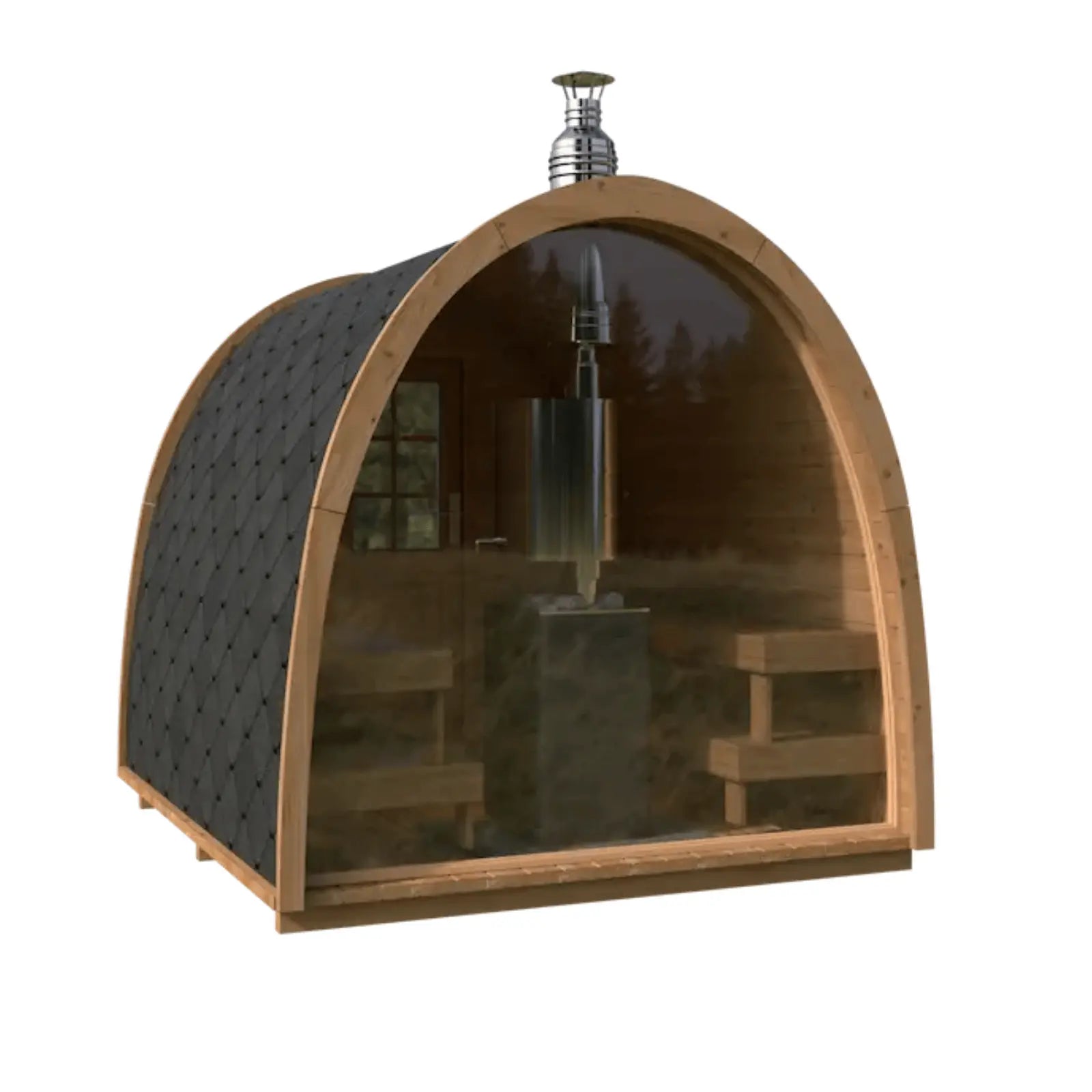 sauna ogrodowa igloo z panoramicznym przeszkleniem i widocznym wnętrzem z ławkami oraz piecem