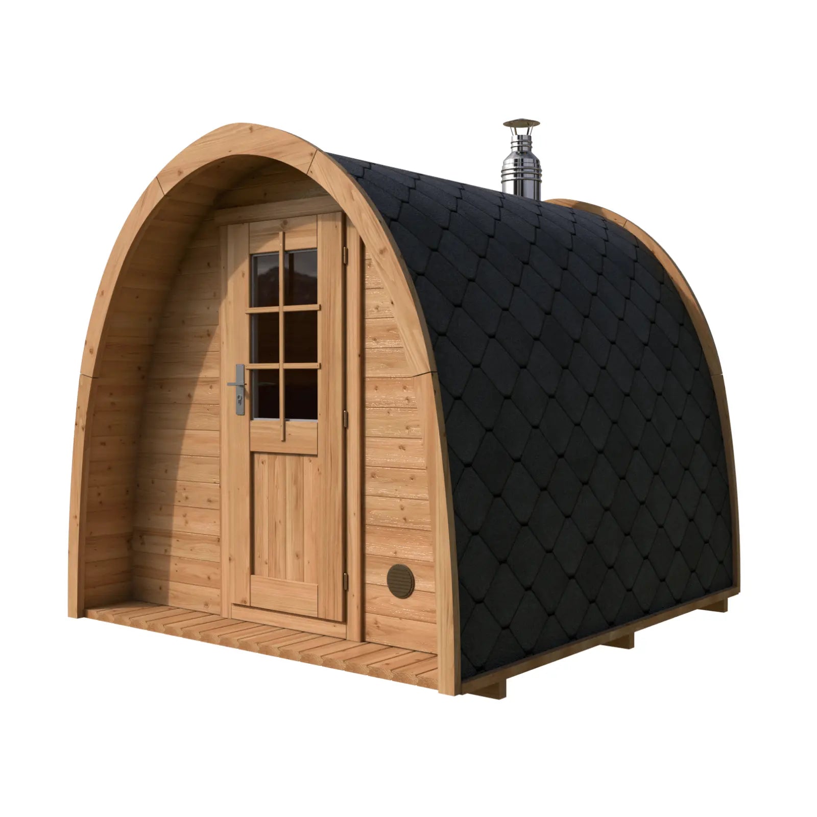 sauna ogrodowa igloo widok pod kątem drewniana konstrukcja drzwi z oknem dach z gontu bitumicznego kompaktowa sauna zewnętrzna