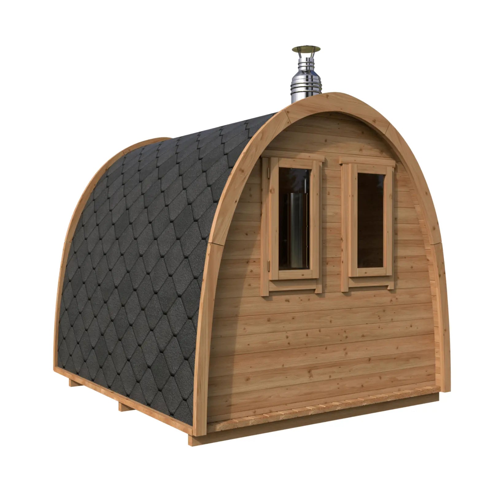 sauna ogrodowa igloo widok tył okna dach z gontu bitumicznego drewniana konstrukcja kompaktowa sauna zewnętrzna z kominem