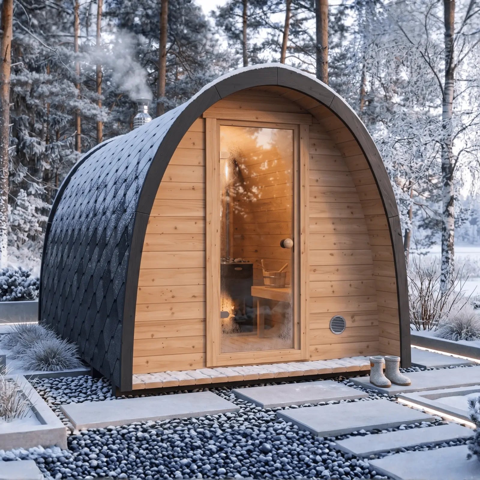 sauna ogrodowa igloo zimą z przeszklonymi drzwiami i piecem na drewno w zaśnieżonym ogrodzie spa