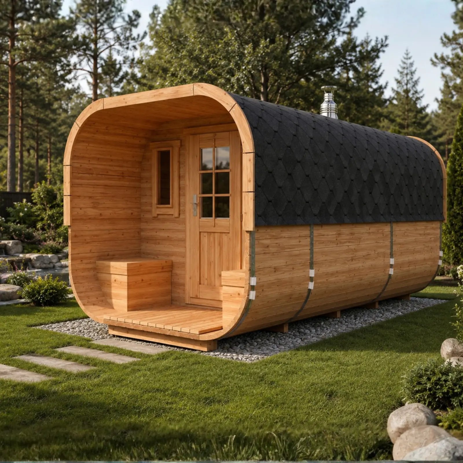 Sauna ogrodowa Alto 5,0 m dla 6–8 osób na trawniku w ogrodzie, z drewnianym tarasem, bocznym wejściem, kominem i czarnym dachem