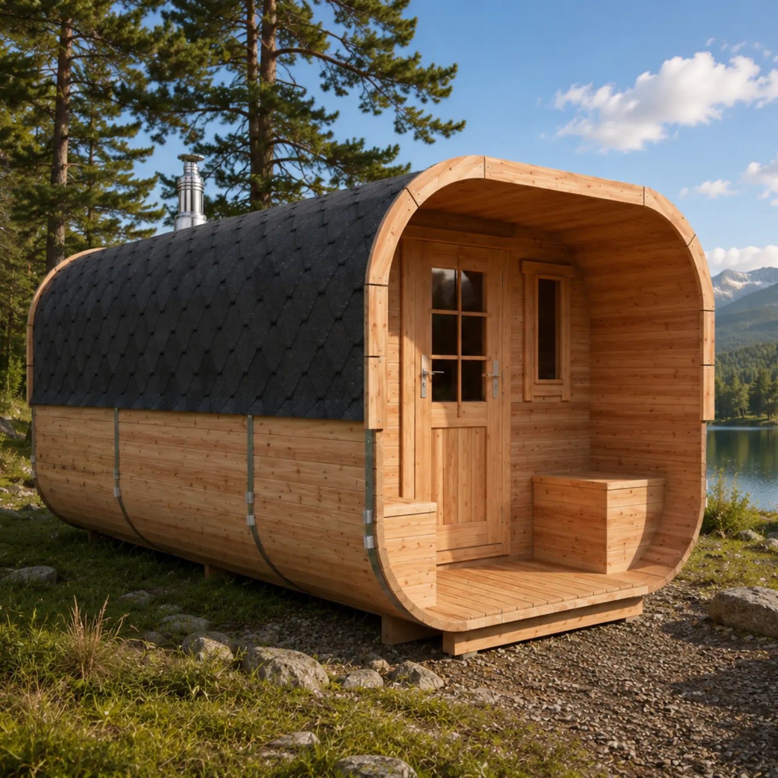 Sauna ogrodowa Alto 5,0 m dla 6–8 osób ustawiona nad jeziorem, z widokiem na góry, drewnianym tarasem wejściowym i czarnym dachem