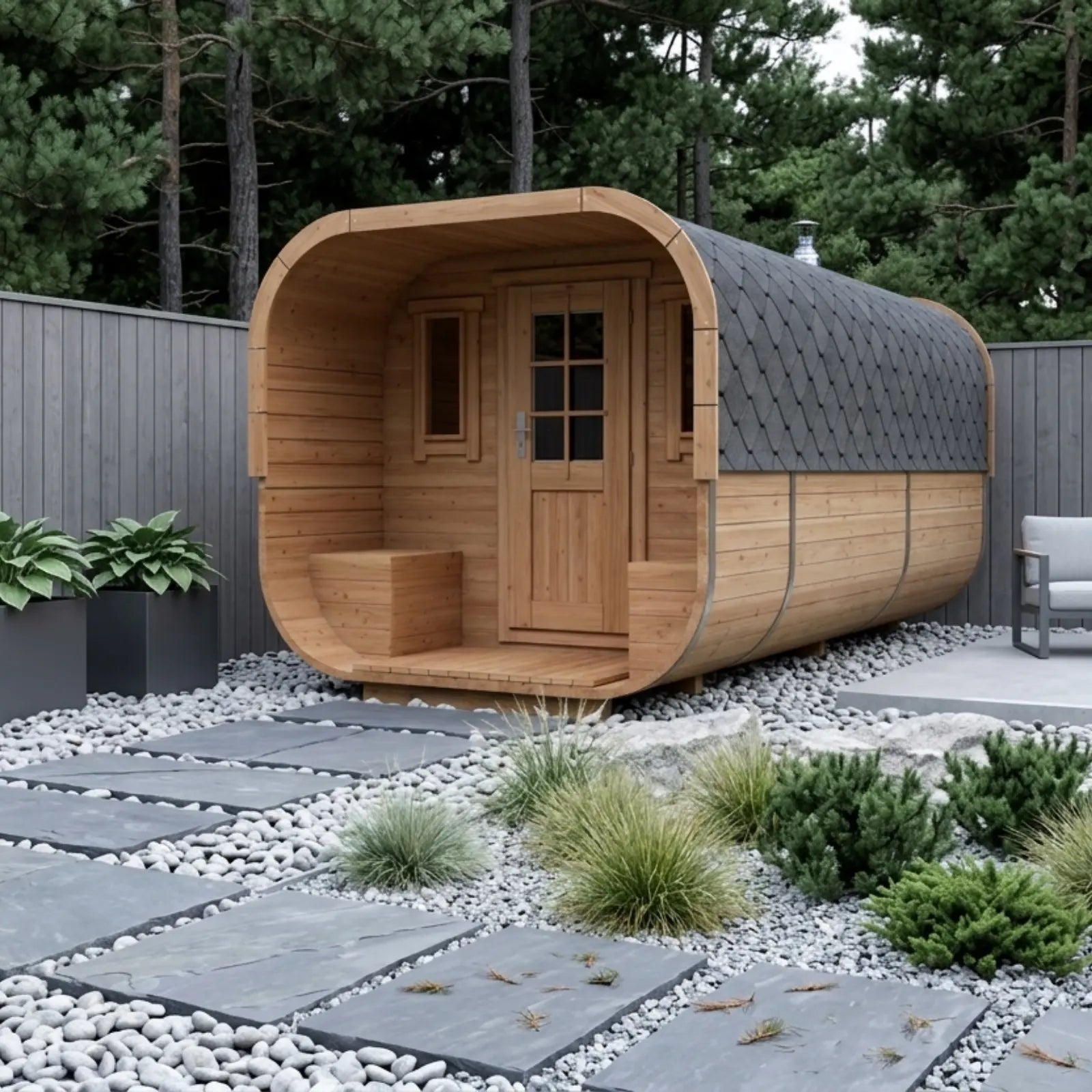 Sauna ogrodowa Alto 5,0 m dla 6–8 osób w nowoczesnej aranżacji ogrodu, z drewnianym wejściem, czarnym dachem i ścieżką z płyt kamiennych
