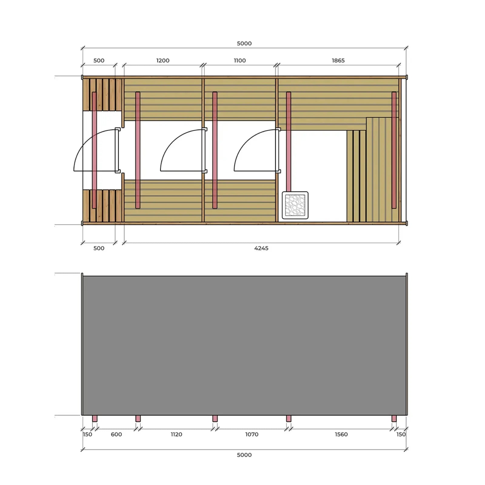 Plan rzutu sauny ogrodowej Alto 5,0 m dla 6–8 osób z układem pomieszczeń, ławkami, piecem oraz wymiarami długości 5000 mm