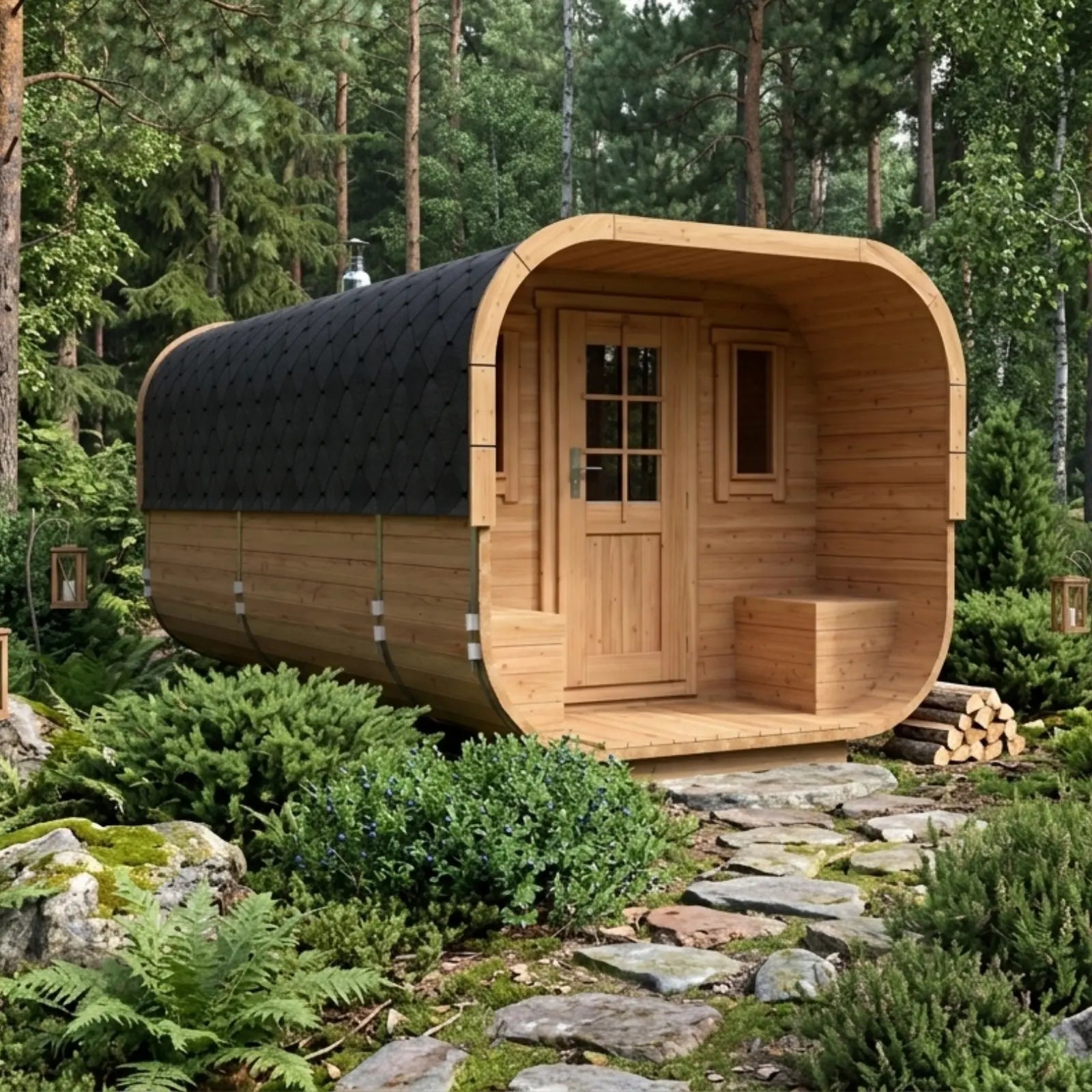 Sauna ogrodowa Alto 5,0 m dla 6–8 osób ustawiona w leśnym ogrodzie, z drewnianym tarasem wejściowym, czarnym dachem i naturalnym otoczeniem zieleni
