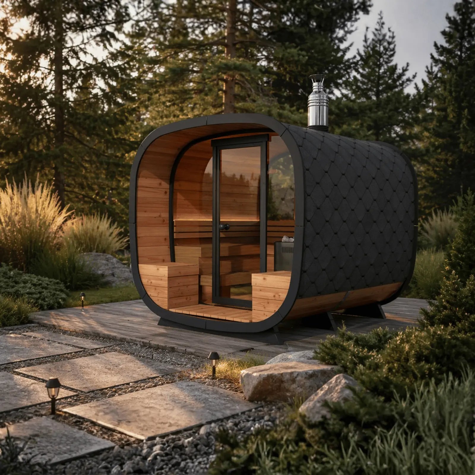 nowoczesna sauna ogrodowa alto z czarna elewacja i przeszklonym wejsciem ustawiona w eleganckim ogrodzie z oswietleniem sciezek idealna do relaksu wieczorem