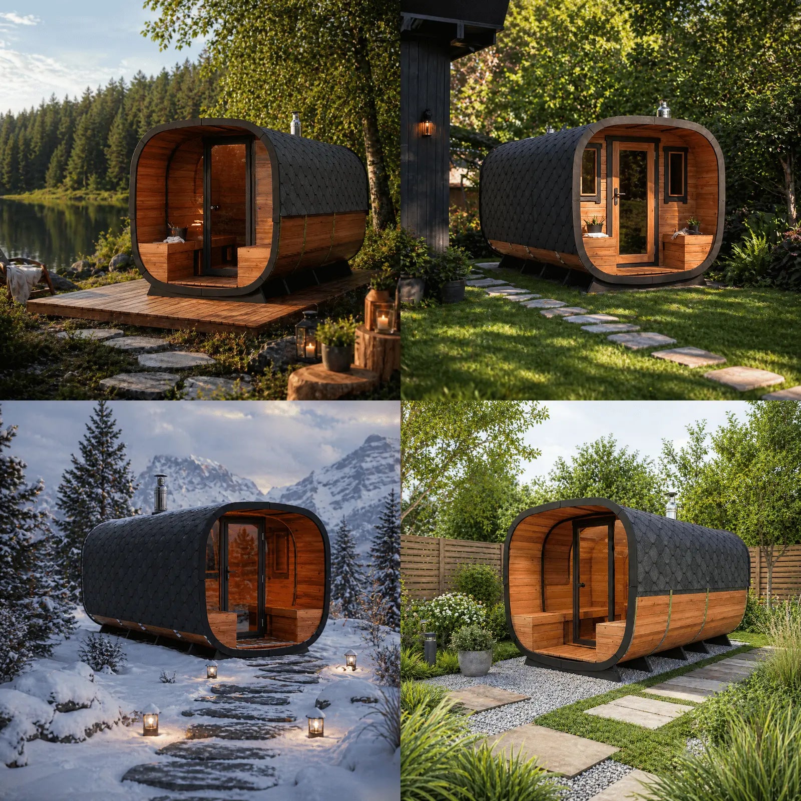 Sauna ogrodowa alto z drewna i czarnym gontem w ogrodzie, przy jeziorze i w zimowej scenerii, do relaksu na zewnątrz  kolaż