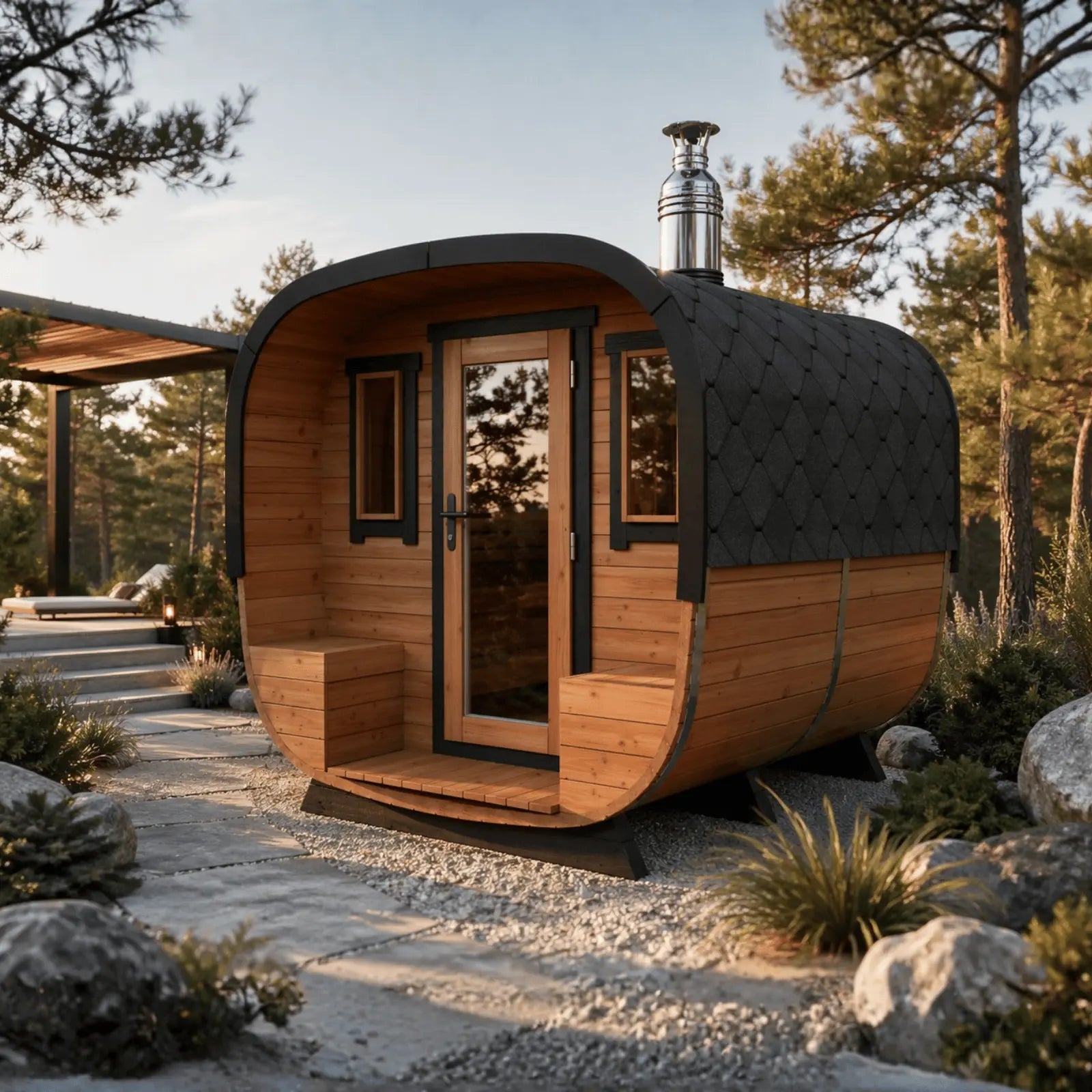 sauna ogrodowa alto z przeszklonymi drzwiami i czarna elewacja ustawiona w eleganckim ogrodzie przy domu idealna do relaksu i korzystania przez caly rok