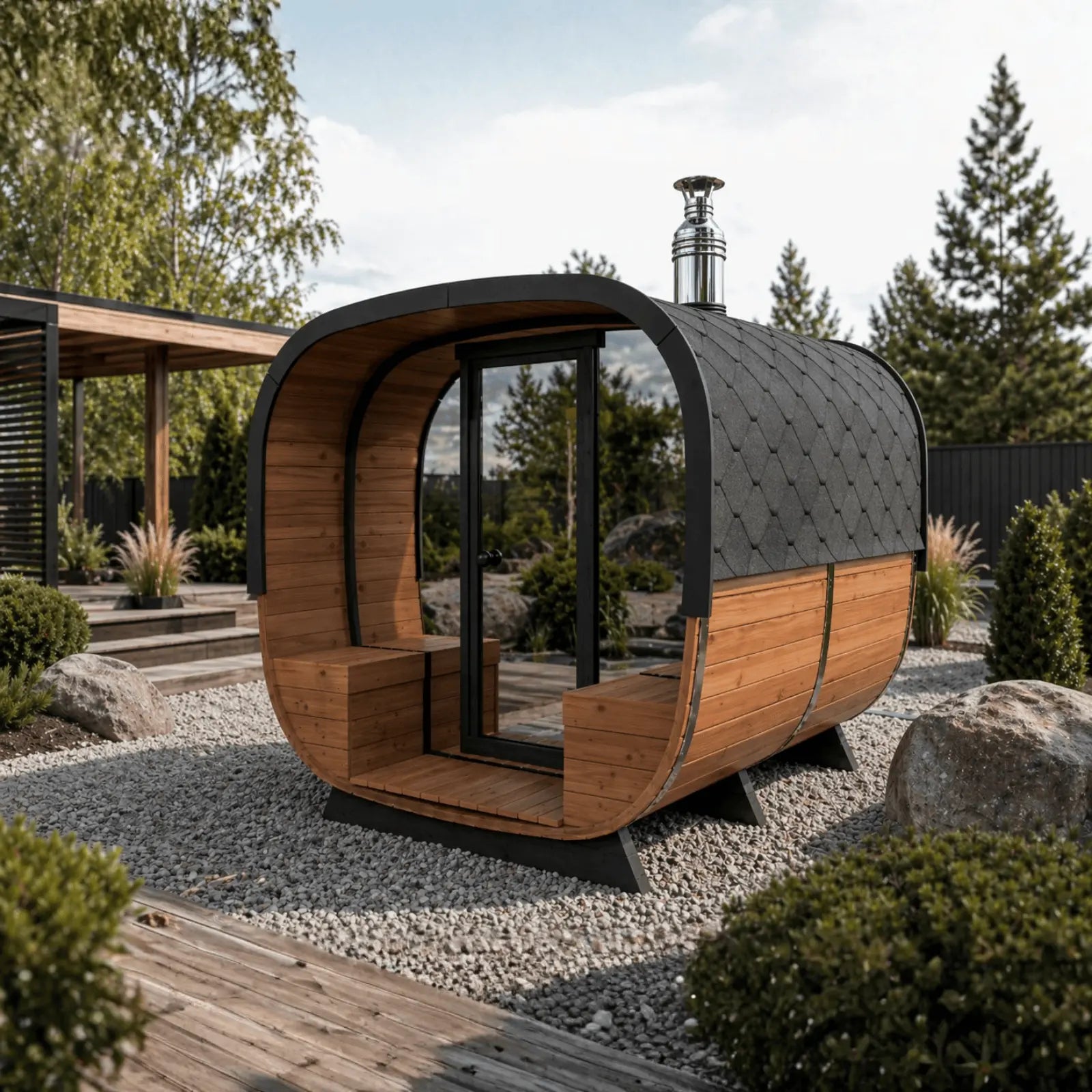 nowoczesna sauna ogrodowa alto z przeszklonym wejściem i czarna elewacja ustawiona w stylowym ogrodzie przy tarasie idealna sauna do relaksu i spa w domu