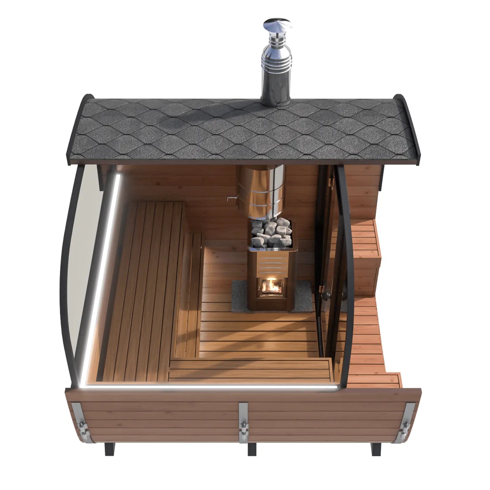 sauna ogrodowa alto przekroj z gory piec opalany drewnem lawki i ergonomiczny uklad wnetrza funkcjonalna sauna do ogrodu zapewnia komfortowy relaks i cieplo
