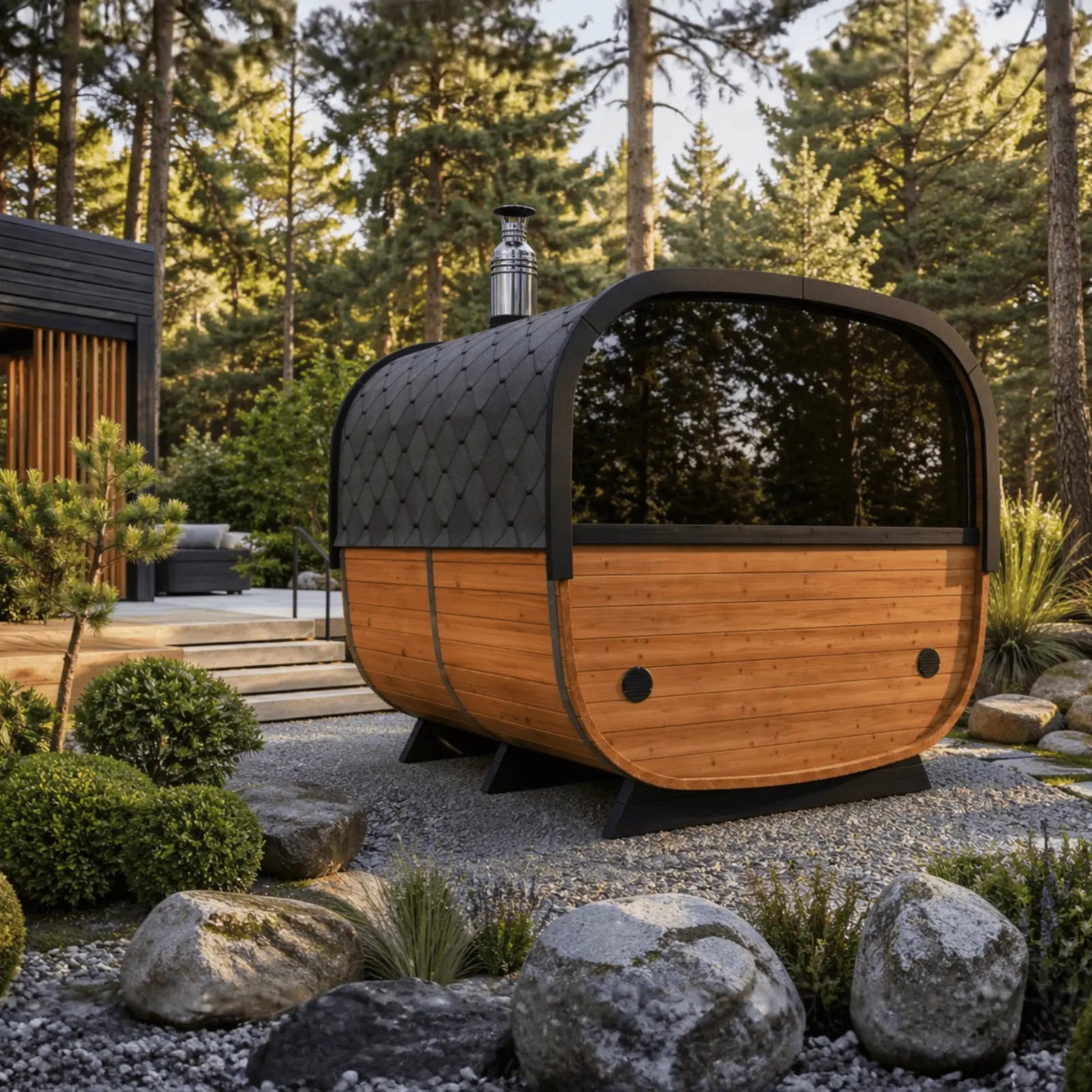 nowoczesna sauna ogrodowa alto z przeszklonym wejsciem i czarna elewacja ustawiona w stylowym ogrodzie przy tarasie idealna sauna do relaksu i spa w domu