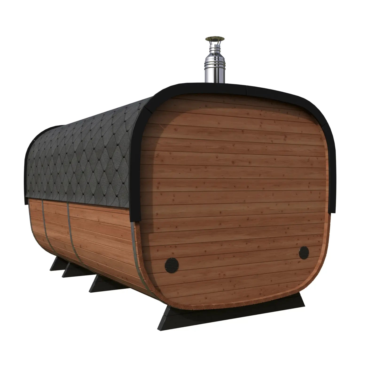 Sauna ogrodowa Alto z pełną drewnianą tylną ścianą, czarnym gontem, kominem i otworami wentylacyjnymi na białym tle.