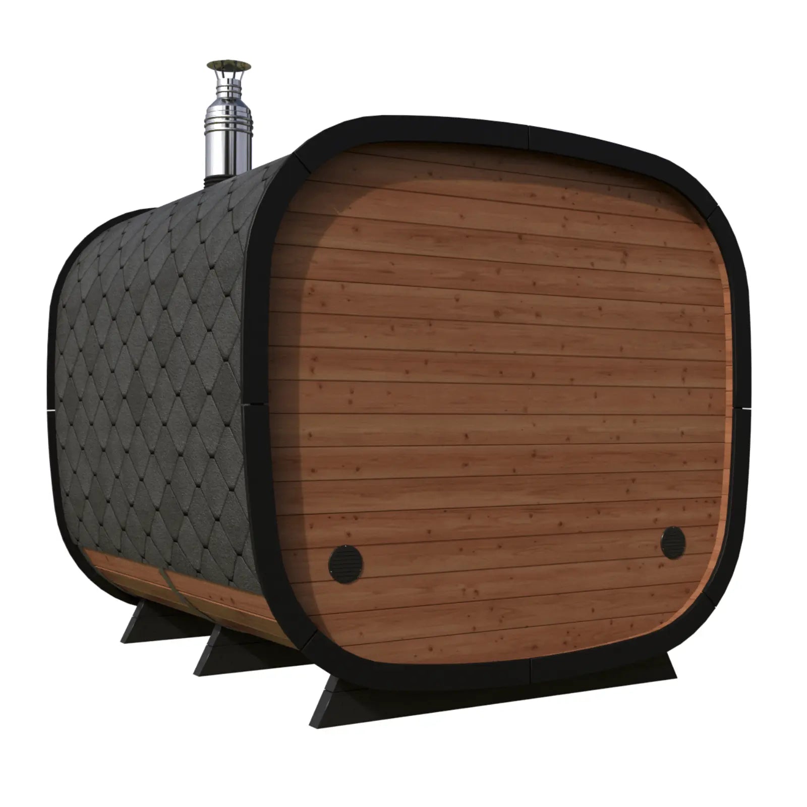 sauna ogrodowa alto widok od tylu z drewniana sciana i czarna konstrukcja solidna nowoczesna sauna do ogrodu odporna na warunki atmosferyczne