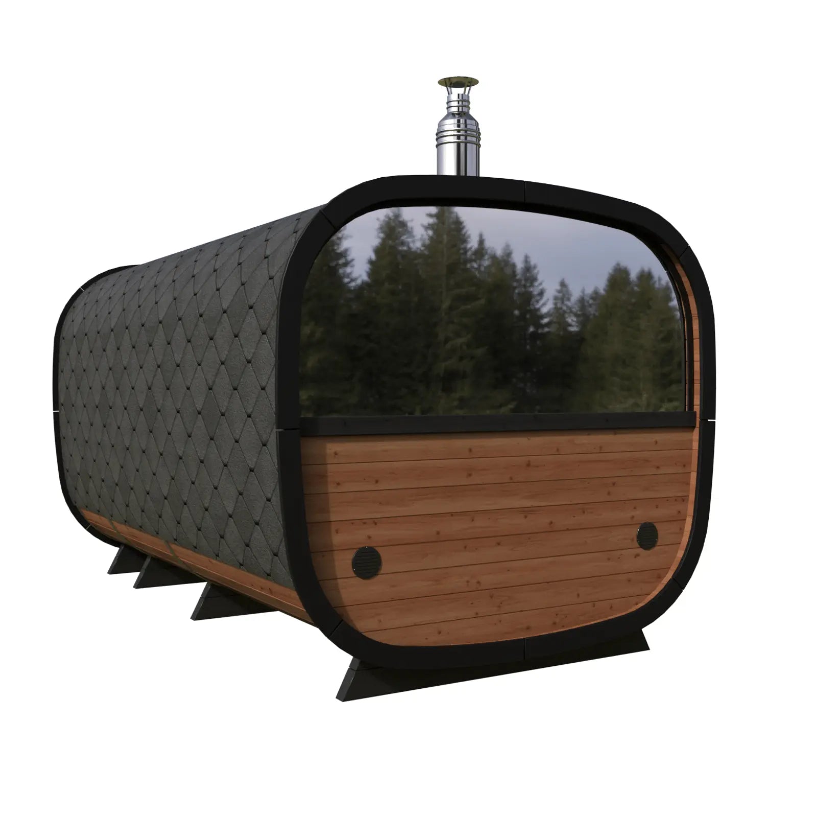 Sauna ogrodowa Alto z dużym tylnym oknem, drewnianą elewacją, czarnym gontem i kominem na białym tle.
