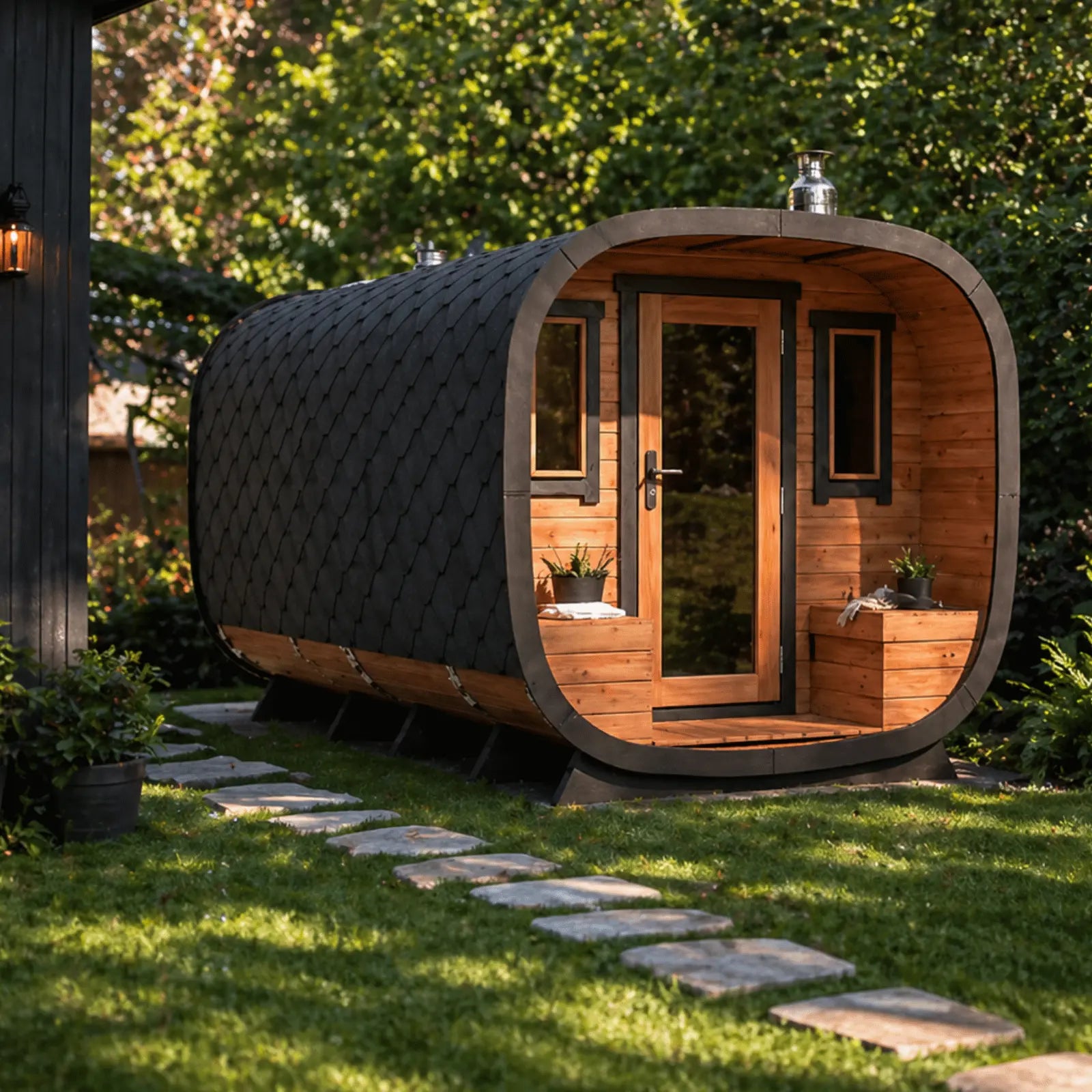 Drewniana sauna ogrodowa Alto z czarnym gontem, przeszklonymi drzwiami i oknami, ustawiona w zielonym ogrodzie.