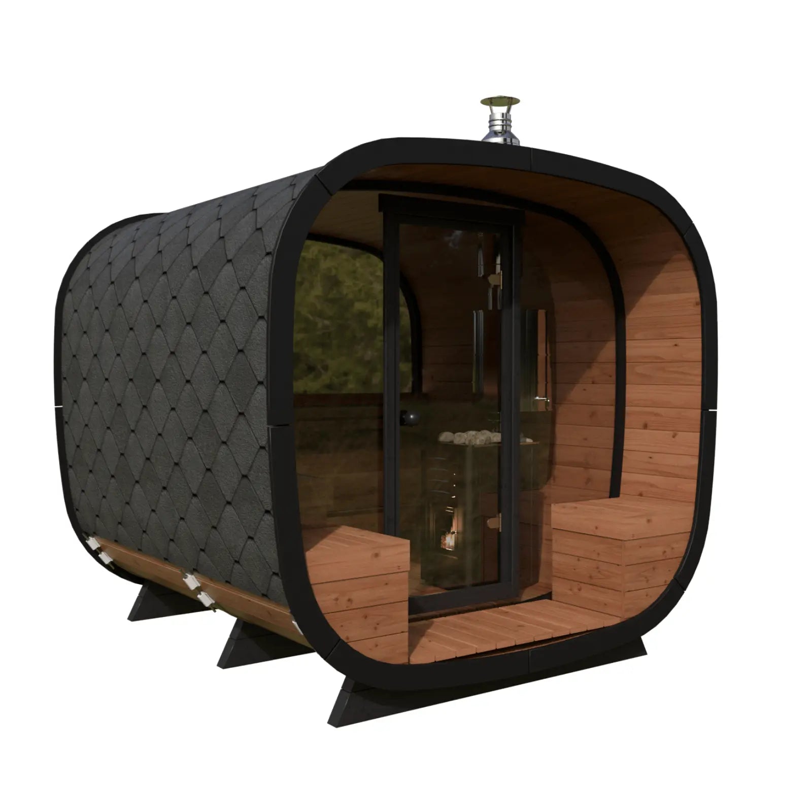 sauna ogrodowa alto widok wnetrza przez przeszklone drzwi piec do sauny lawki drewniane nowoczesna sauna do ogrodu komfortowe miejsce relaksu i odpoczynku