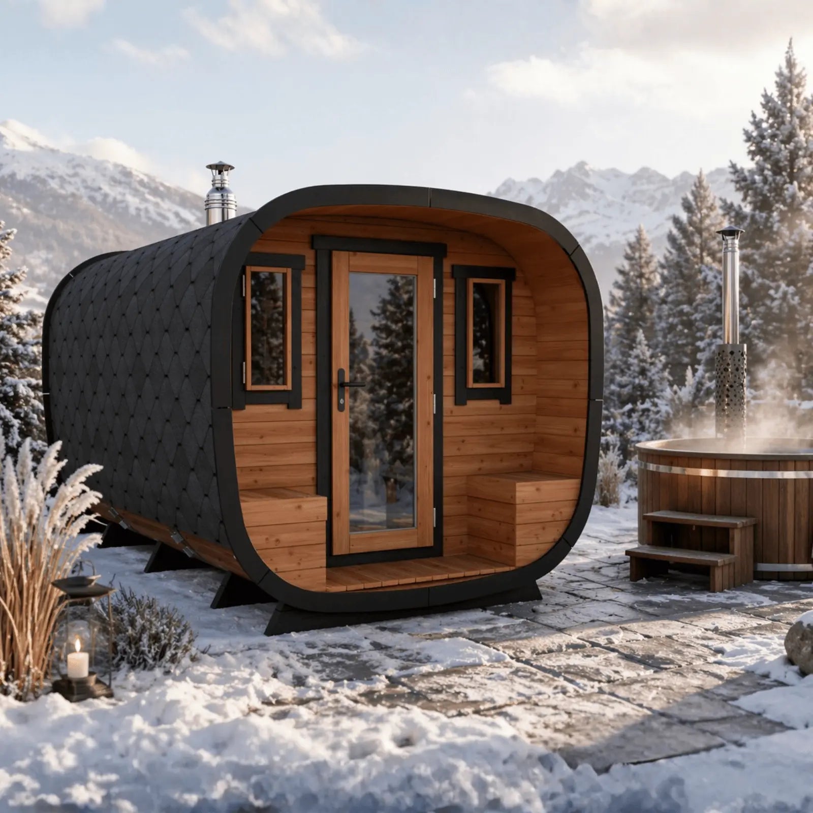 sauna ogrodowa alto z balia w zimowej scenerii widok na gory drewniana konstrukcja nowoczesna sauna z piecem i kominem idealna do relaksu w ogrodzie zimą