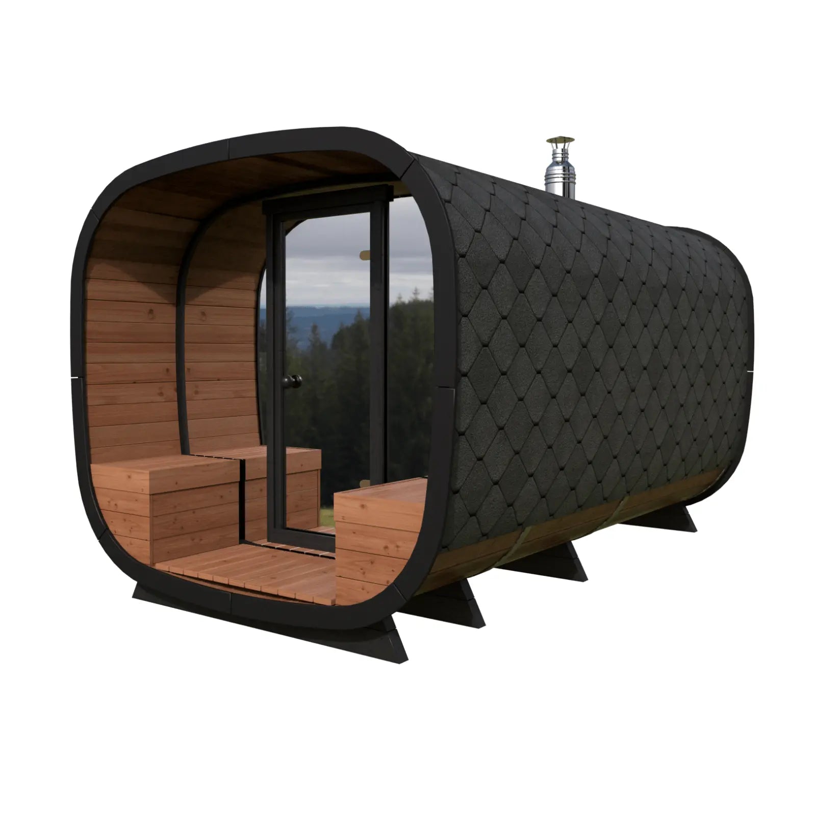 Sauna ogrodowa Alto z przeszklonymi drzwiami, drewnianym przedsionkiem, czarnym gontem i kominem na białym tle.