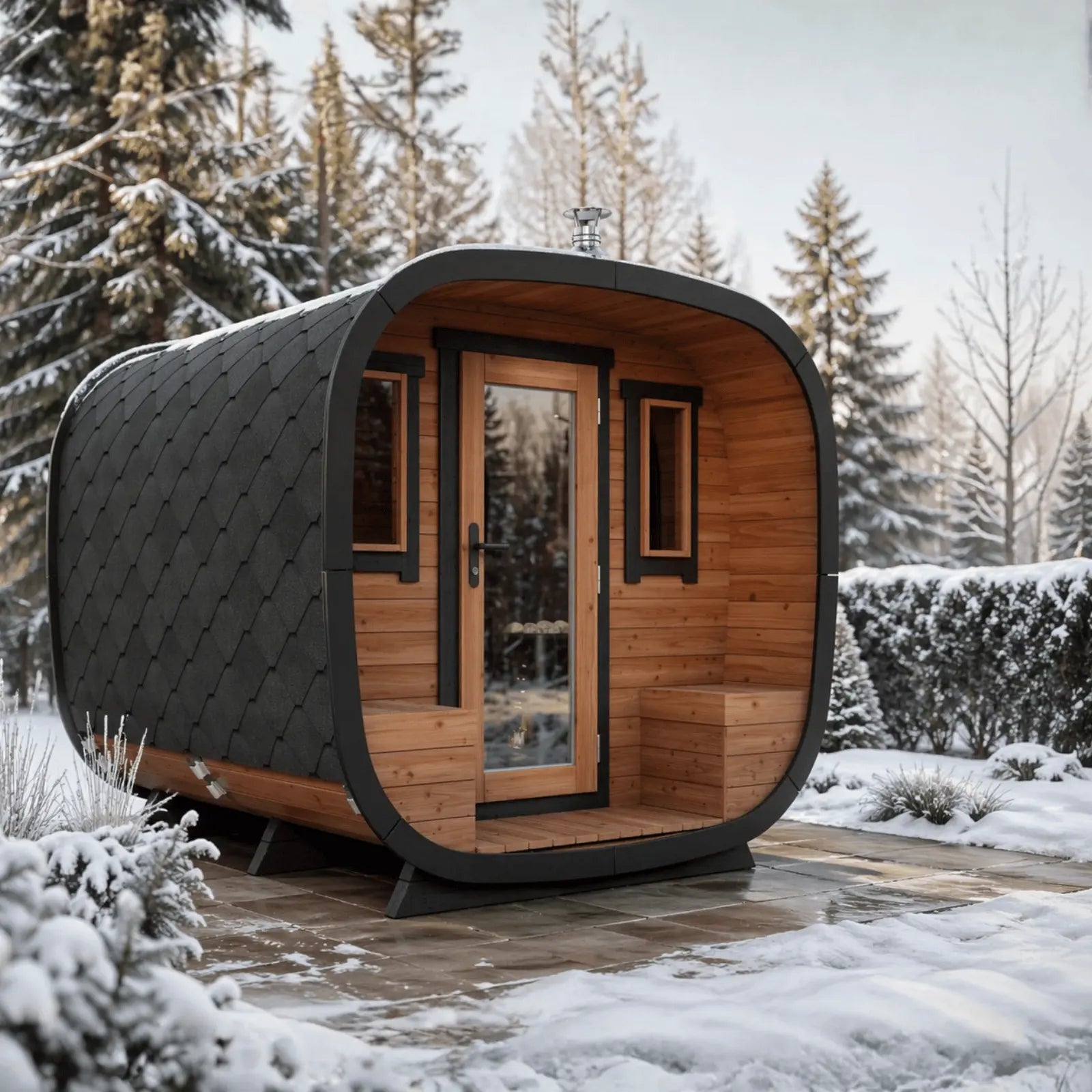 sauna ogrodowa alto z czarna elewacja i drewnianym frontem ustawiona w zimowym ogrodzie przy domu nowoczesna sauna zewnetrzna do relaksu przez caly rok