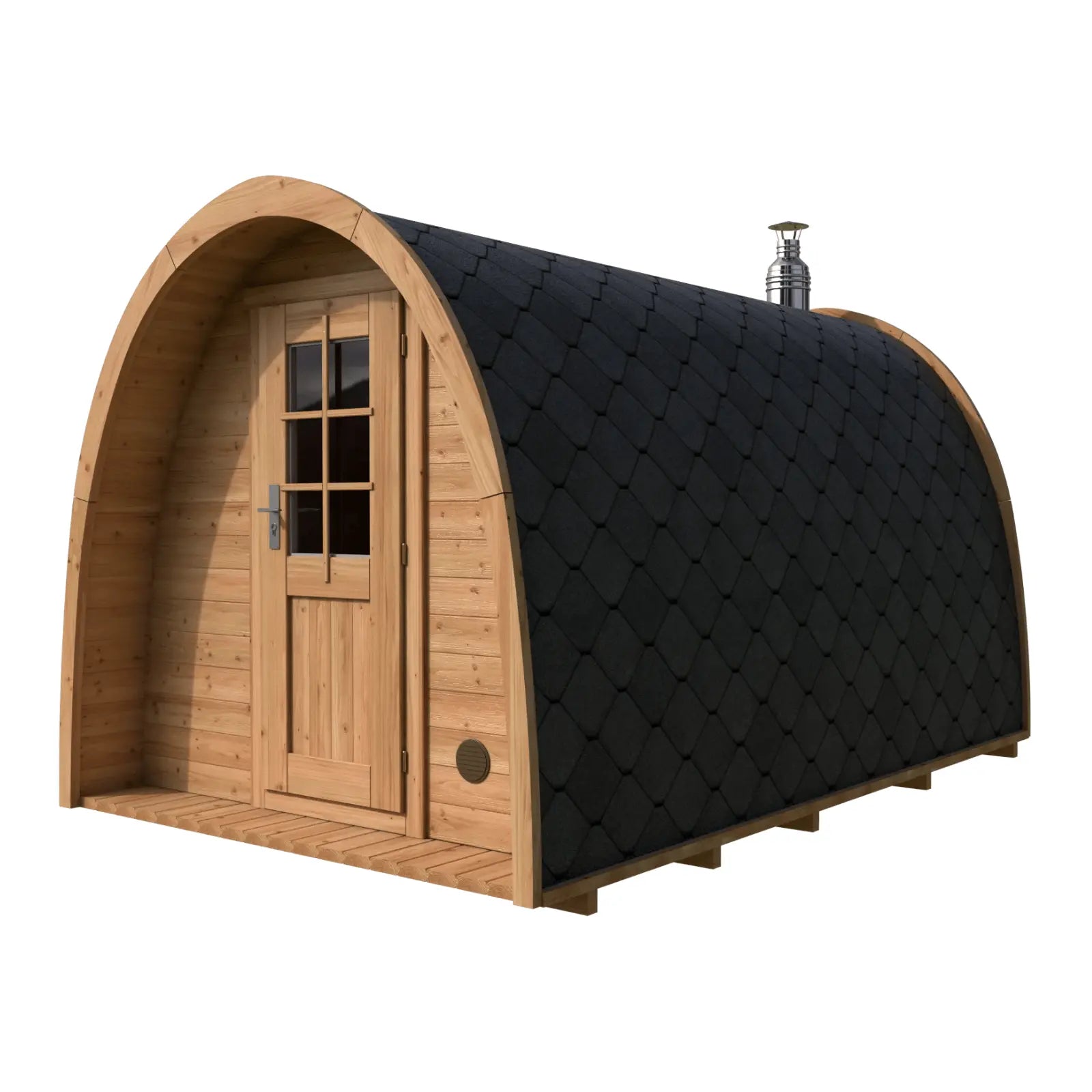 klasyczna sauna ogrodowa igloo z drewnianą konstrukcją i czarnym gontem bitumicznym idealna do relaksu w przydomowej przestrzeni