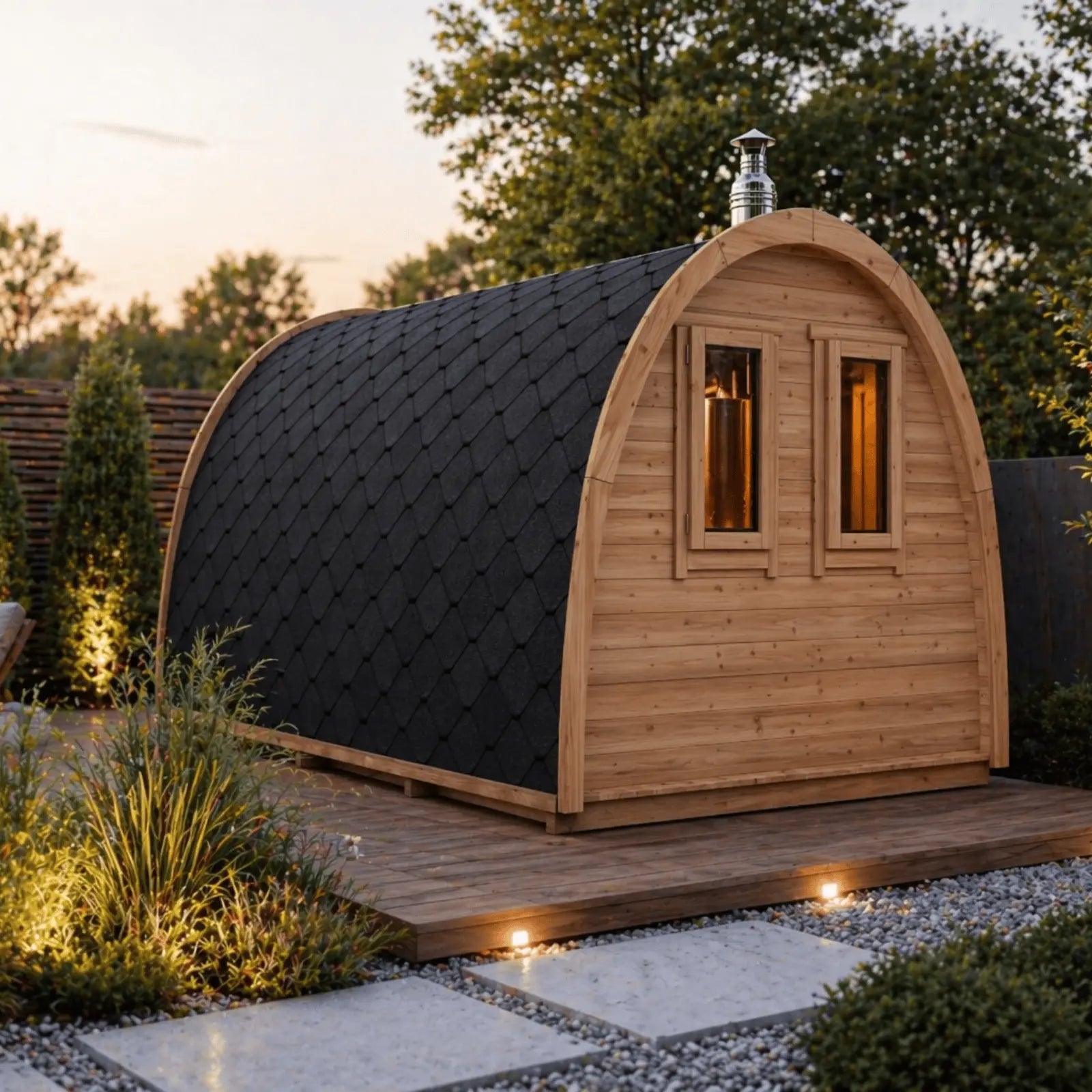 sauna ogrodowa igloo z bocznymi oknami ustawiona na drewnianym podeście w nowoczesnym ogrodzie z oświetleniem i roślinnością