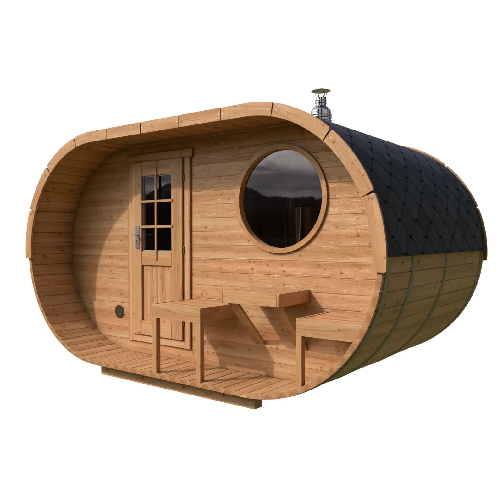 sauna ogrodowa owalna świerk widok frontowy drewniana sauna do ogrodu model zewnętrzny