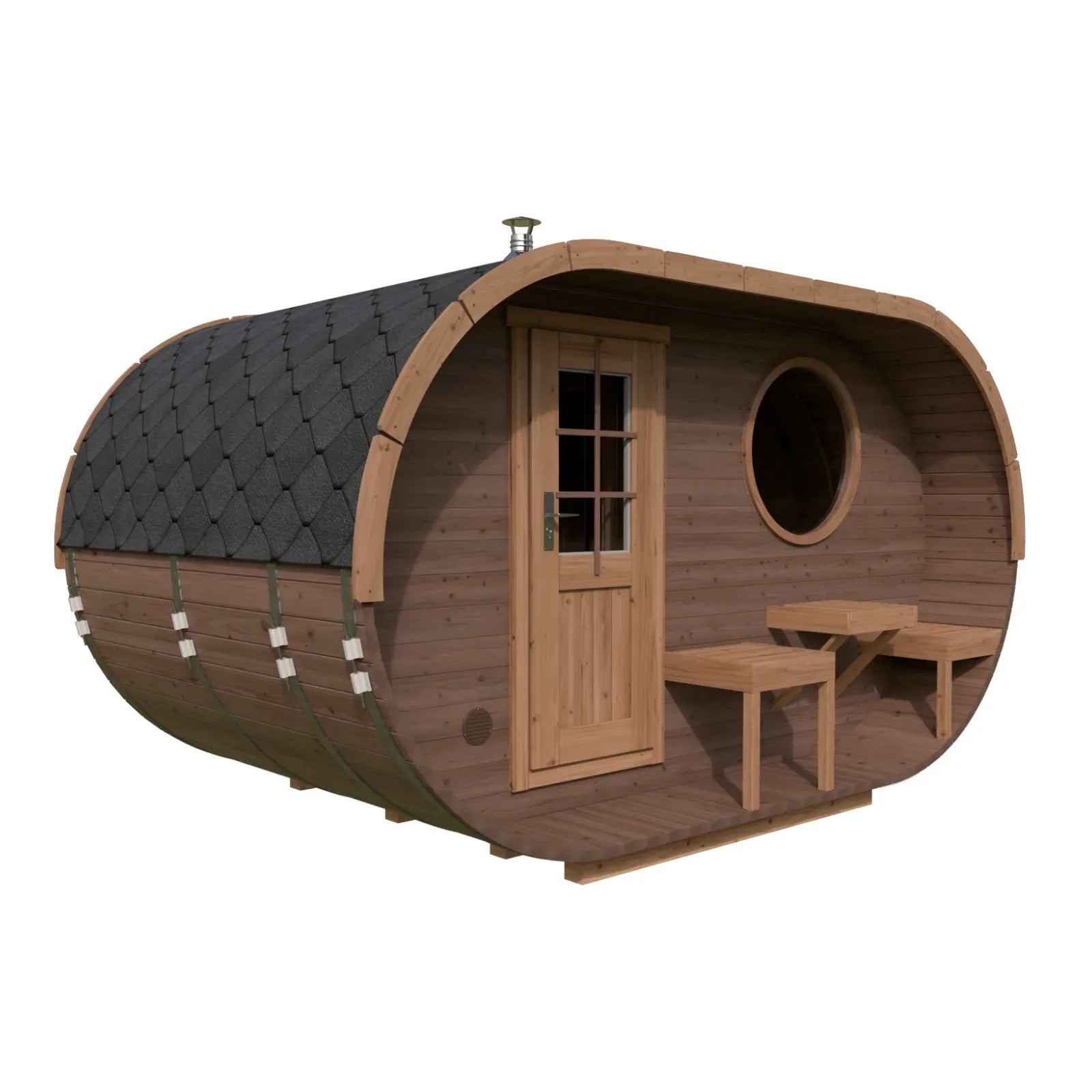 owalna sauna ogrodowa z thermodrewna widok frontowy drewniana sauna zewnętrzna premium