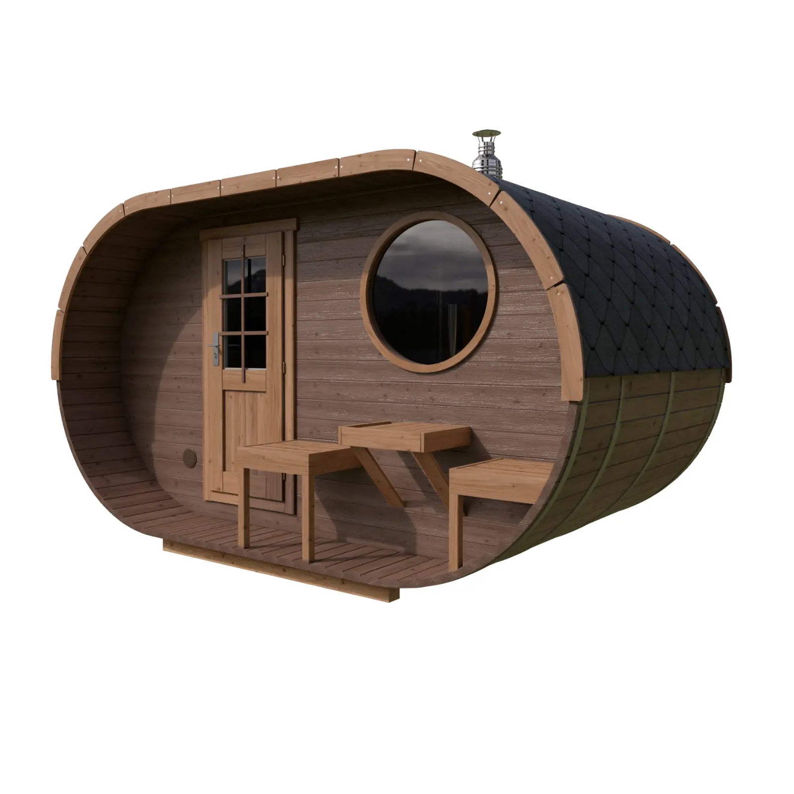 owalna sauna z thermodrewna widok boczny sauna zewnętrzna do ogrodu konstrukcja drewniana