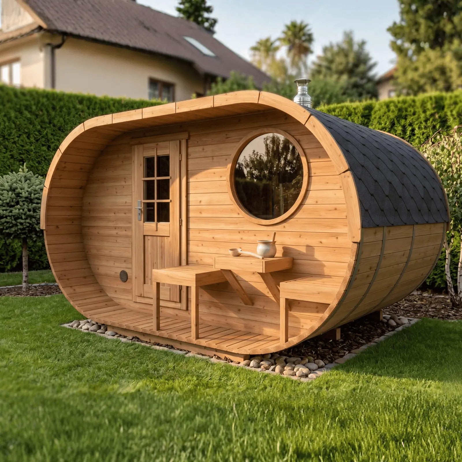 owalna sauna ogrodowa 2,4x4m z tarasem drewniana sauna zewnętrzna do ogrodu